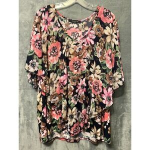 Adele & May Floral Chiffon Overlay Blouse Plus Size Boho Flutter Sleeve Top 2x
